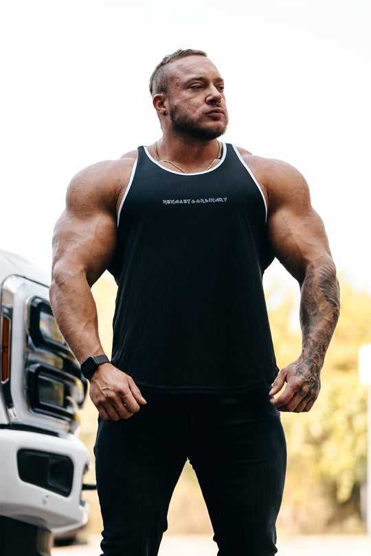 Fast-Dry Bodybuilding Workout Stringer - Black w White Trim