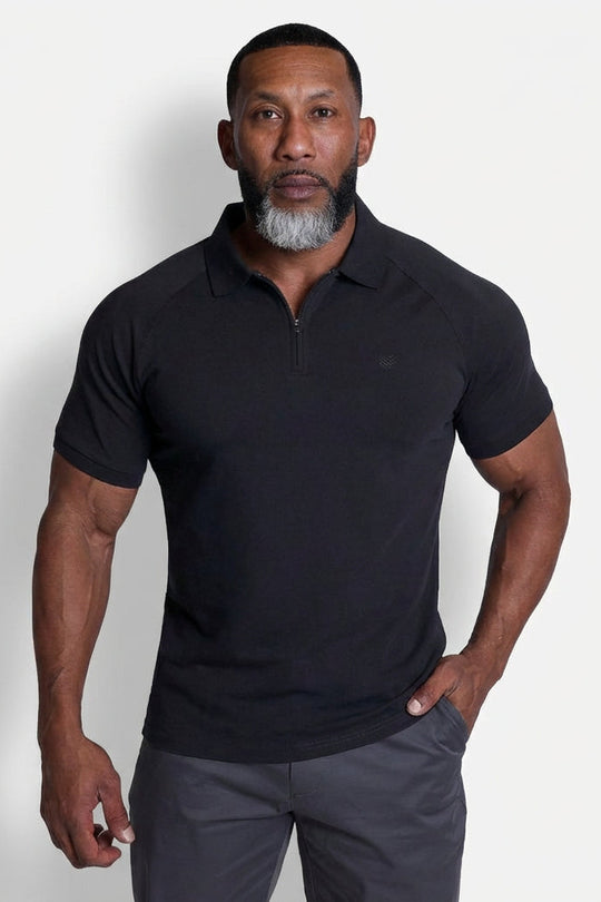 Premium Muscle-Fit Polo Tee w/ Zipper - Black