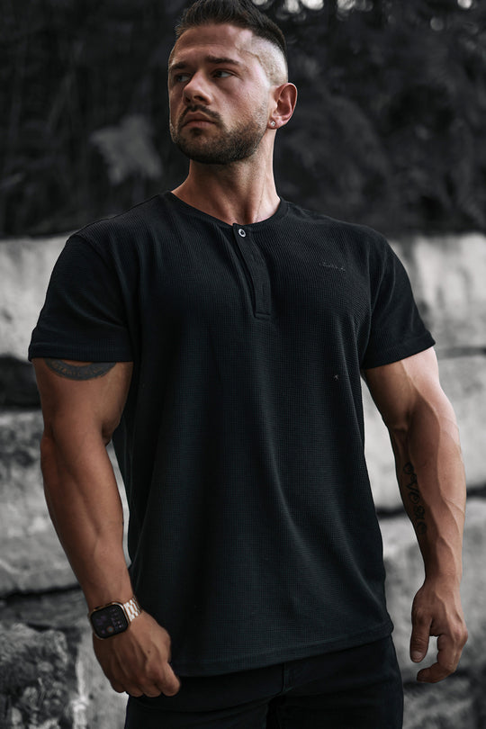 Waffle Henley T-Shirt - Black