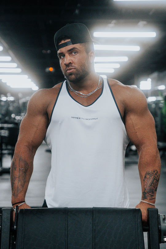 Fast-Dry Bodybuilding Workout Stringer - White w/ Navy Menace