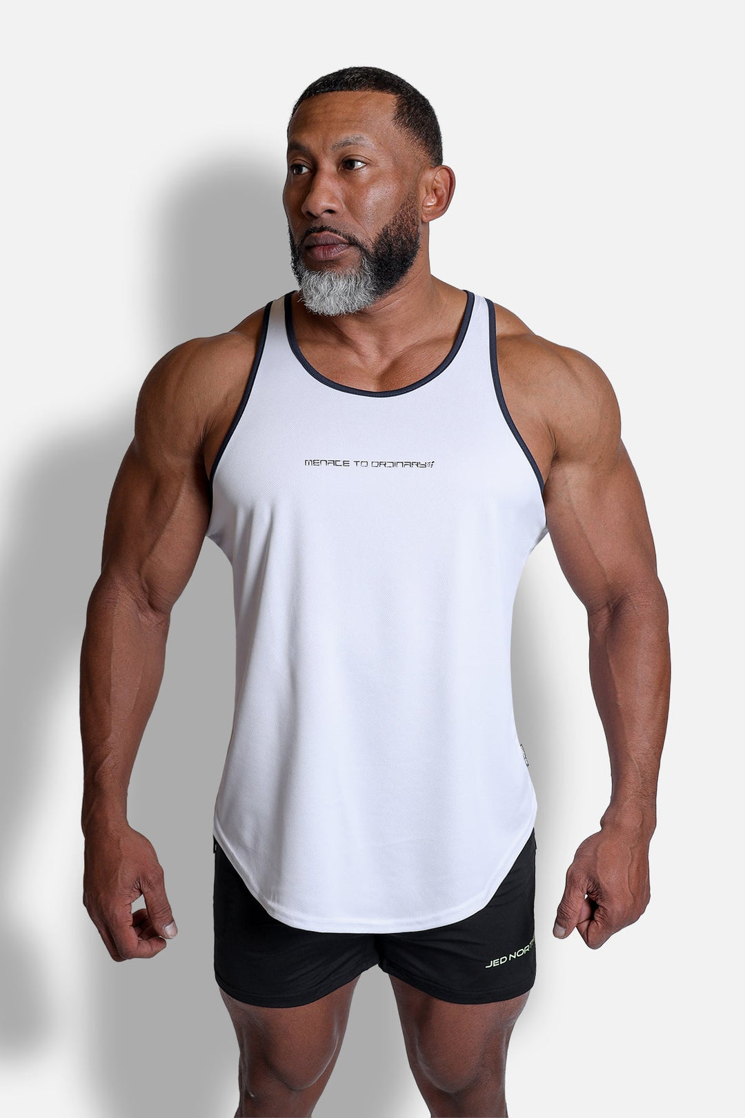 Fast-Dry Bodybuilding Workout Stringer - White w/ Navy Menace