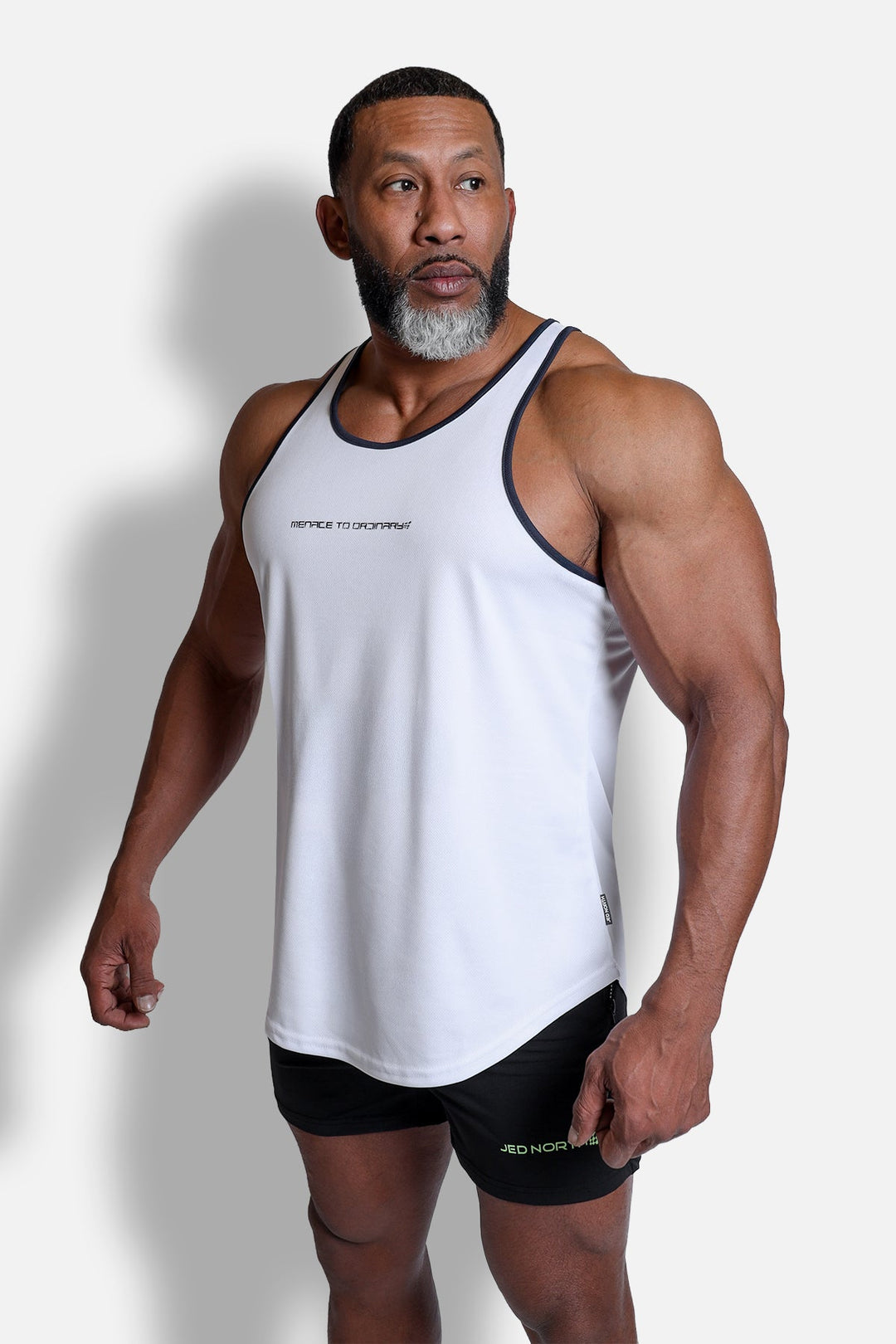Fast-Dry Bodybuilding Workout Stringer - White w/ Navy Menace
