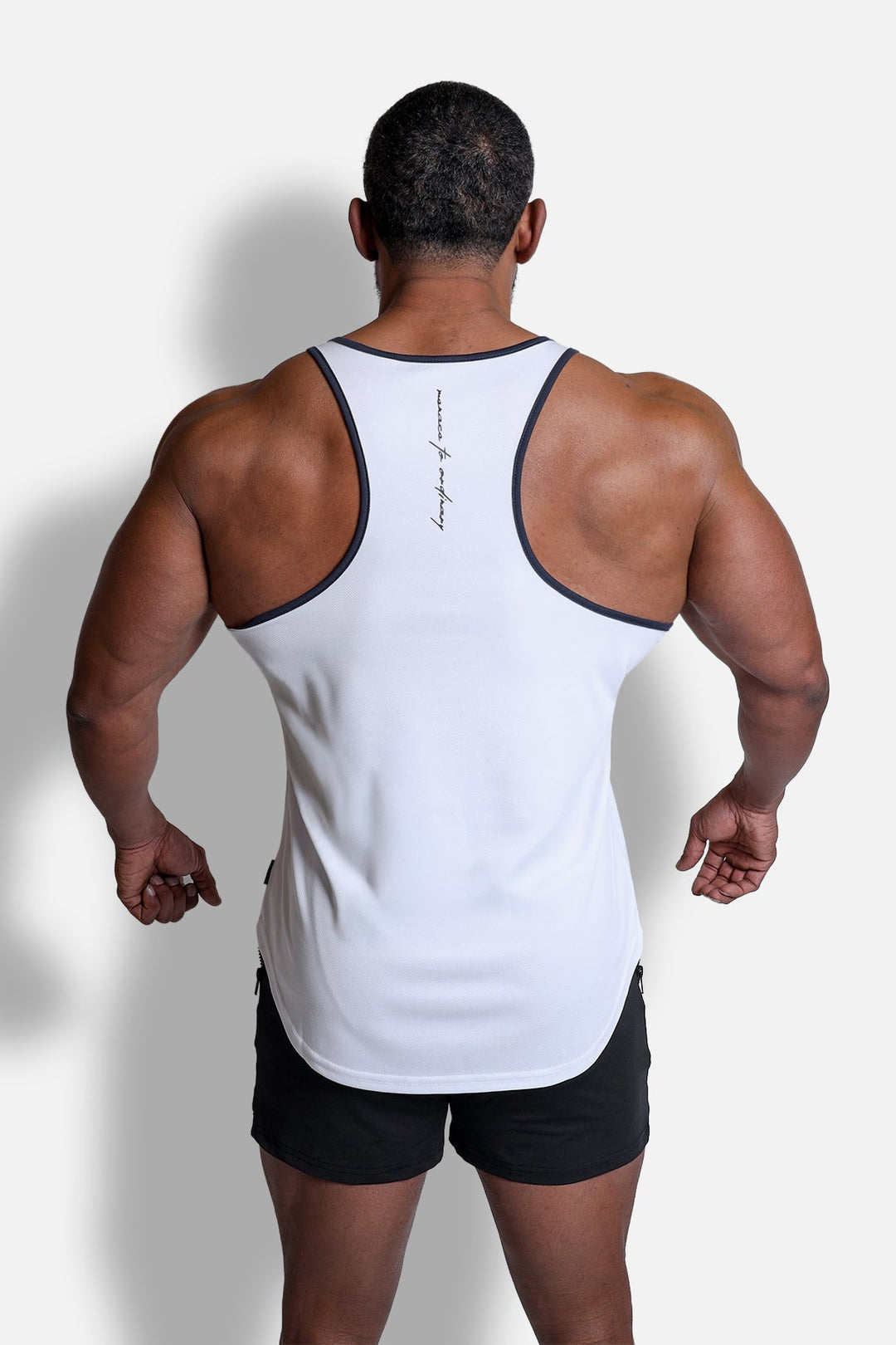 Fast-Dry Bodybuilding Workout Stringer - White w/ Navy Menace