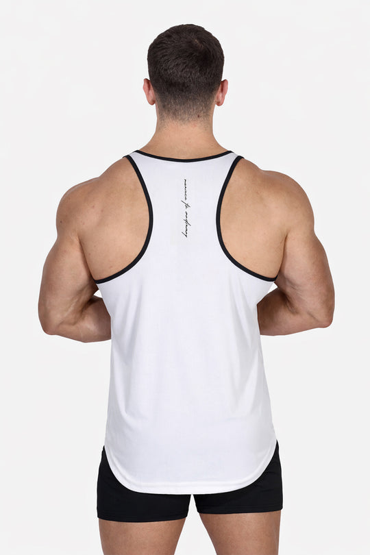 Fast-Dry Bodybuilding Workout Stringer - White w/ Navy Menace
