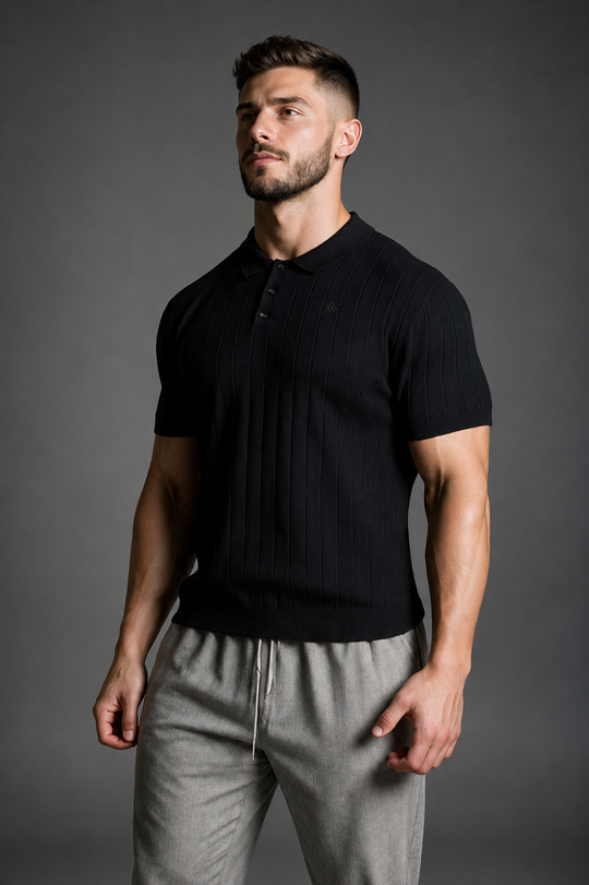 Rib Knit Collared Polo  - Onyx Black