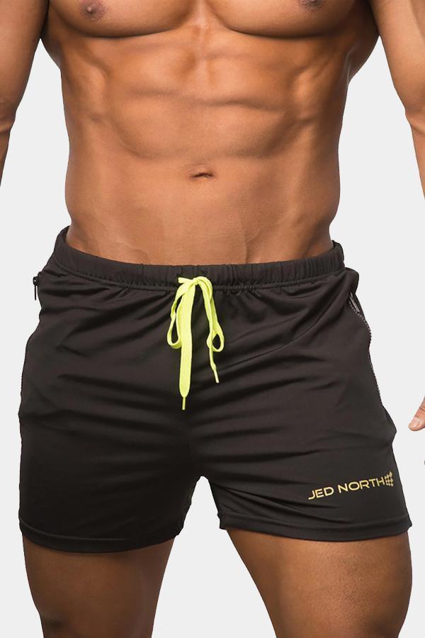 Men's Bodybuilding Running Shorts w Zipper Pockets - Black Men Shorts Jed North 